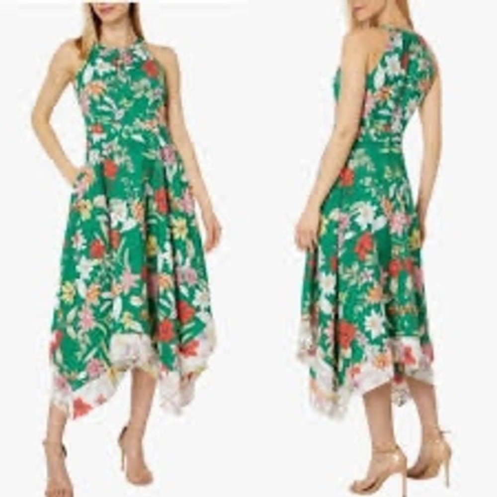 Vince Camuto floral halter neck handkerchief midi dress large resort feminine